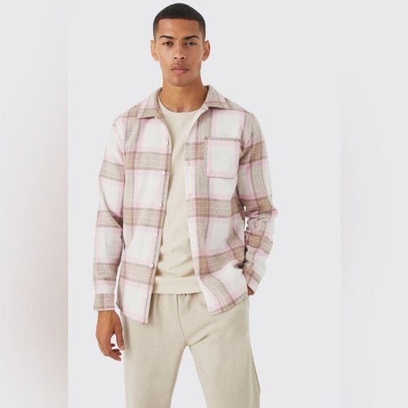 Boohoo Men's Pink and Brown Plaid Shirt Jacket - Picture 2 of 11